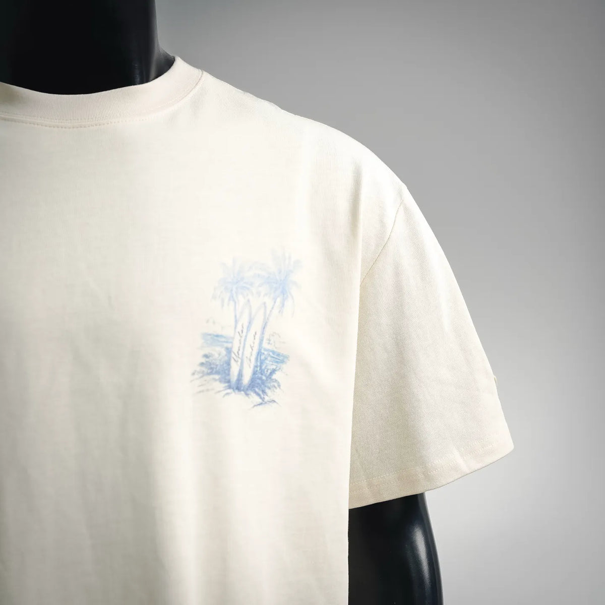 White Moncler short-sleeve T-shirt with small blue palm tree graphic on chest