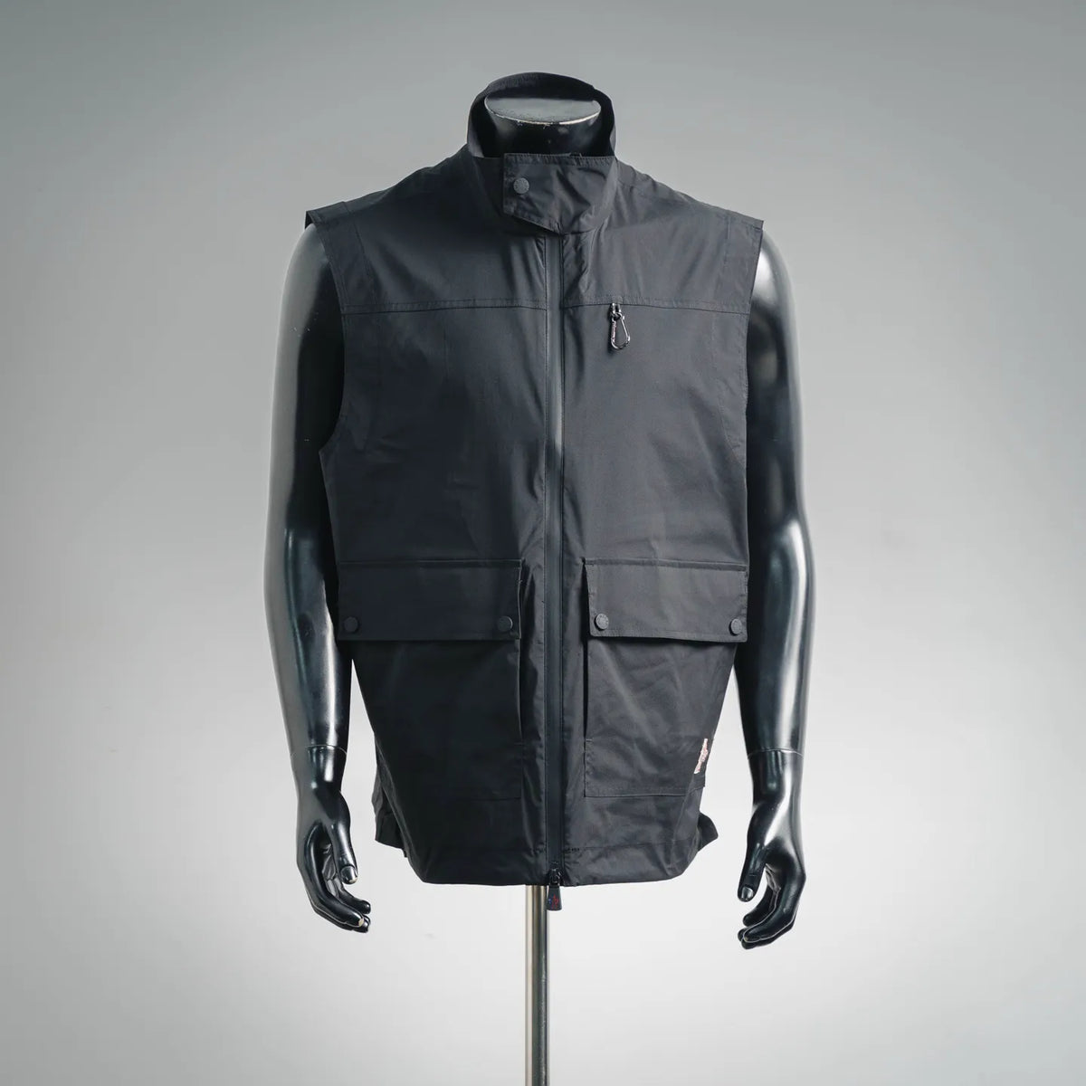 Moncler hooded gilet, dark outerwear with front zipper and chest logo charm