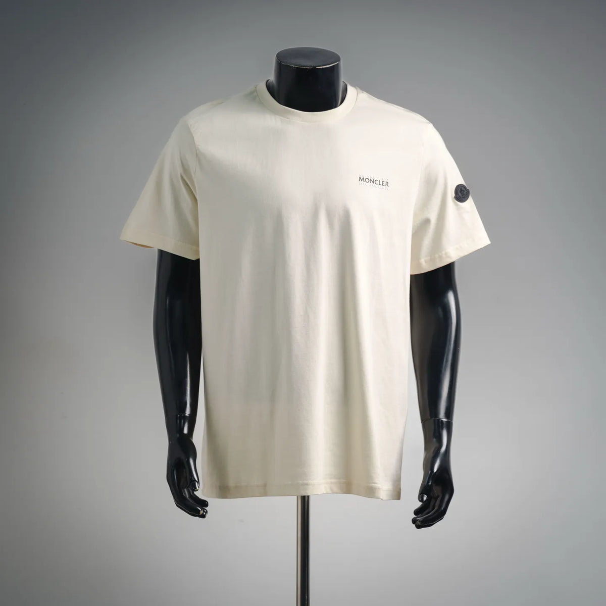 Ivory crewneck short-sleeve T-shirt with Moncler chest logo and dark sleeve patch