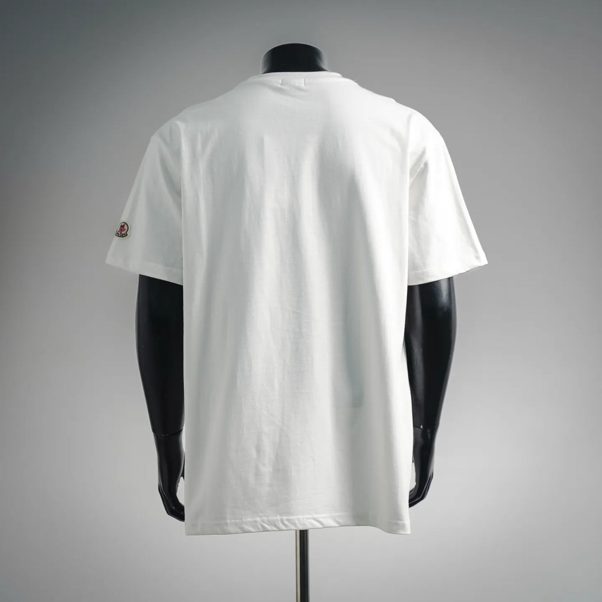 White Moncler short-sleeve T-shirt back view with small sleeve patch