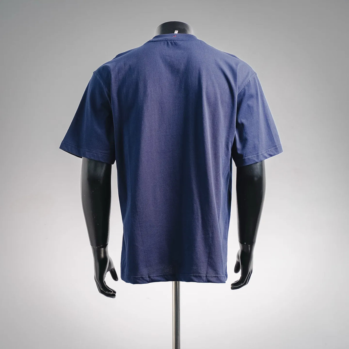 Navy short-sleeve T-shirt with crew neck, plain back view on mannequin