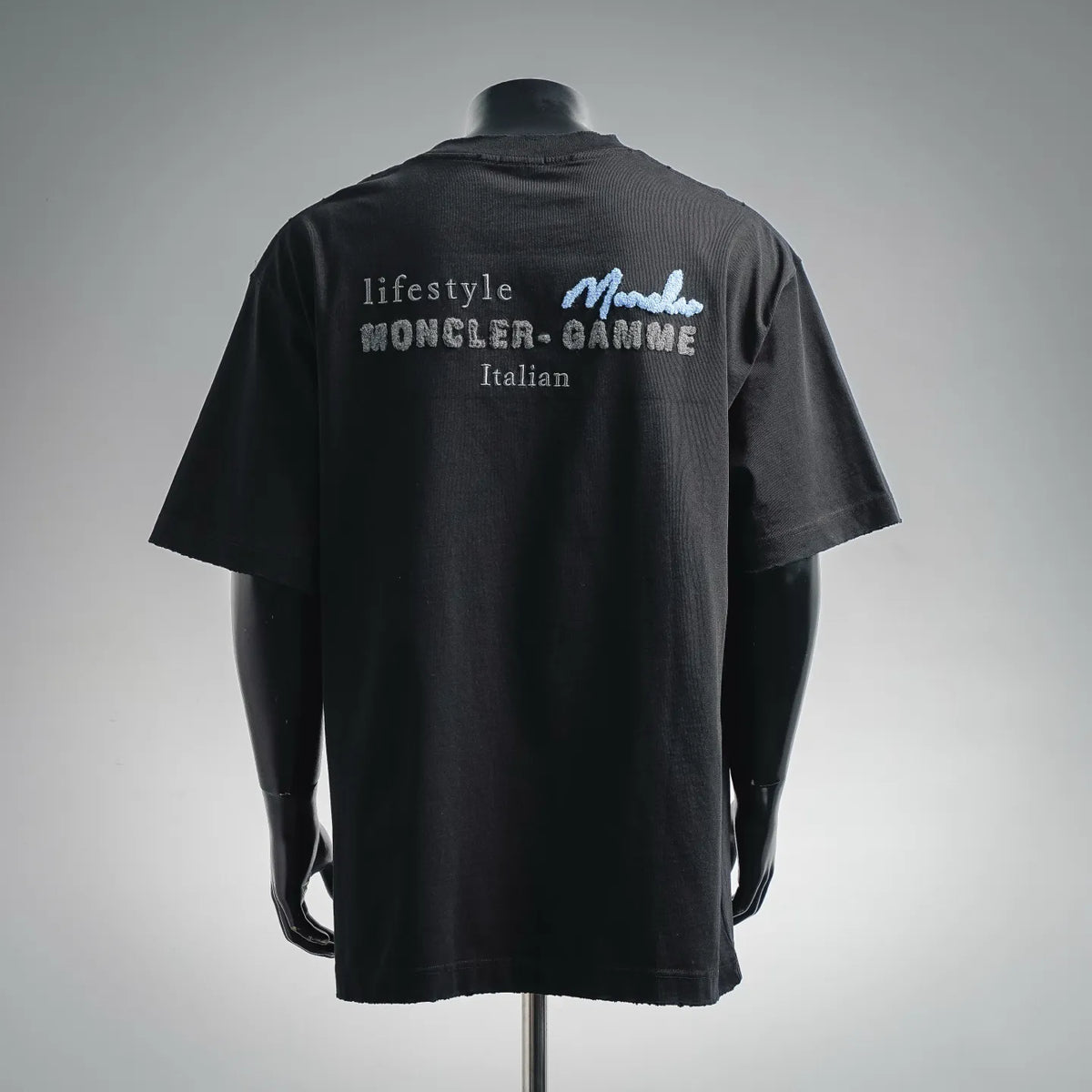 Men's Moncler black short-sleeve T-shirt, back graphic text and logos