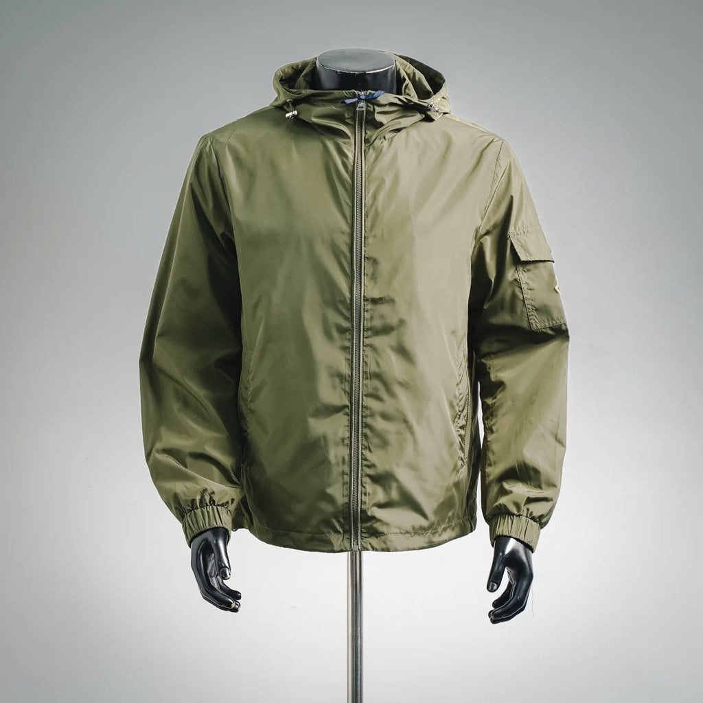 Men's Moncler hooded zip-front jacket in olive green, stand collar, full-length zipper