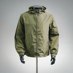 Men's Moncler hooded zip-front jacket in olive green, stand collar, full-length zipper