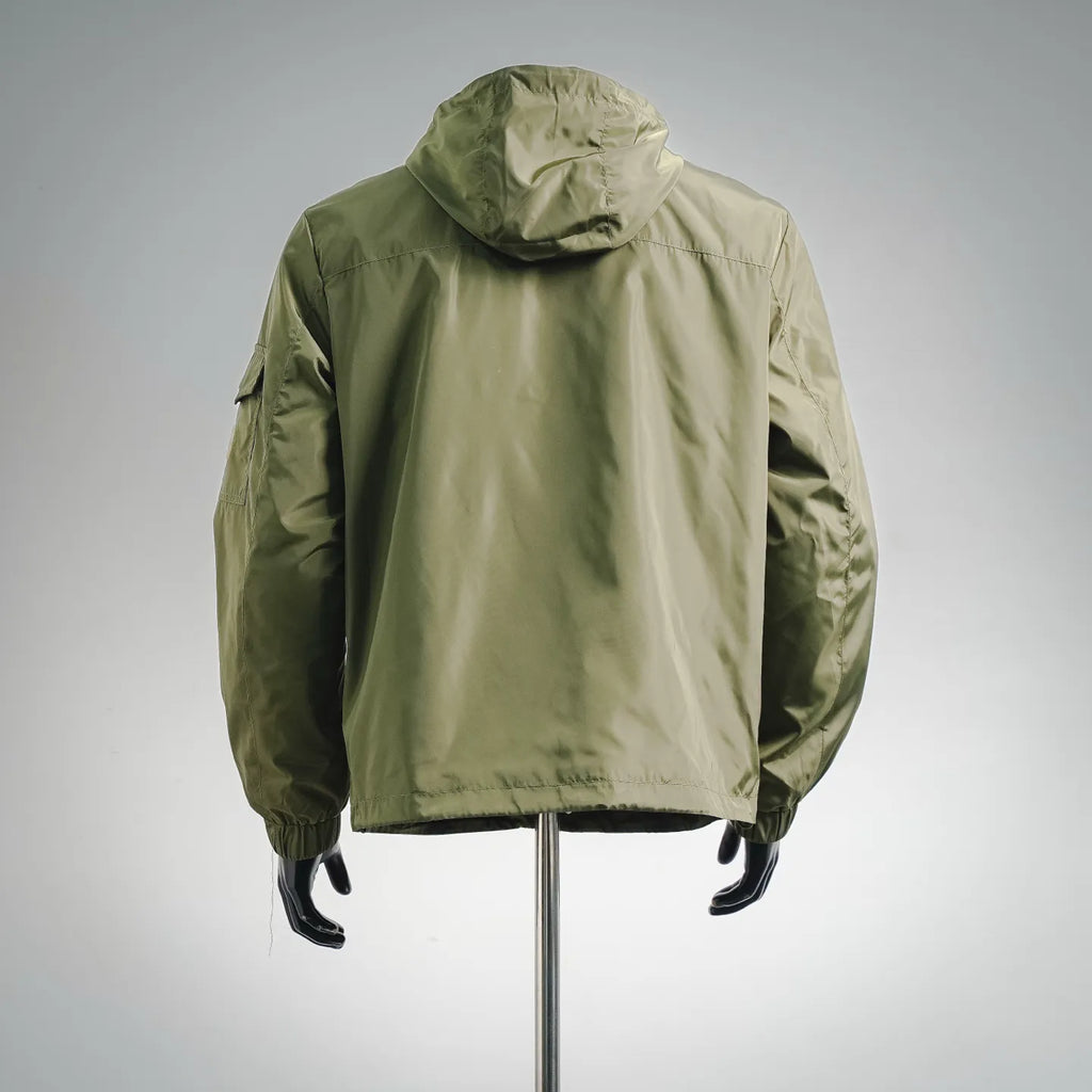 Men's Moncler hooded zip jacket in olive green, back view with elastic hem and cuffs