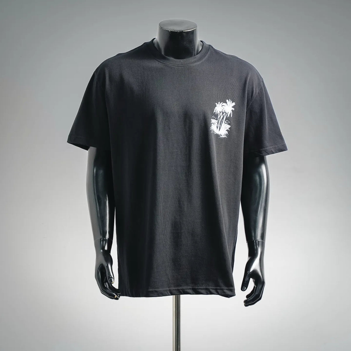 Moncler short-sleeve T-shirt, dark gray crew neck, palm tree front graphic