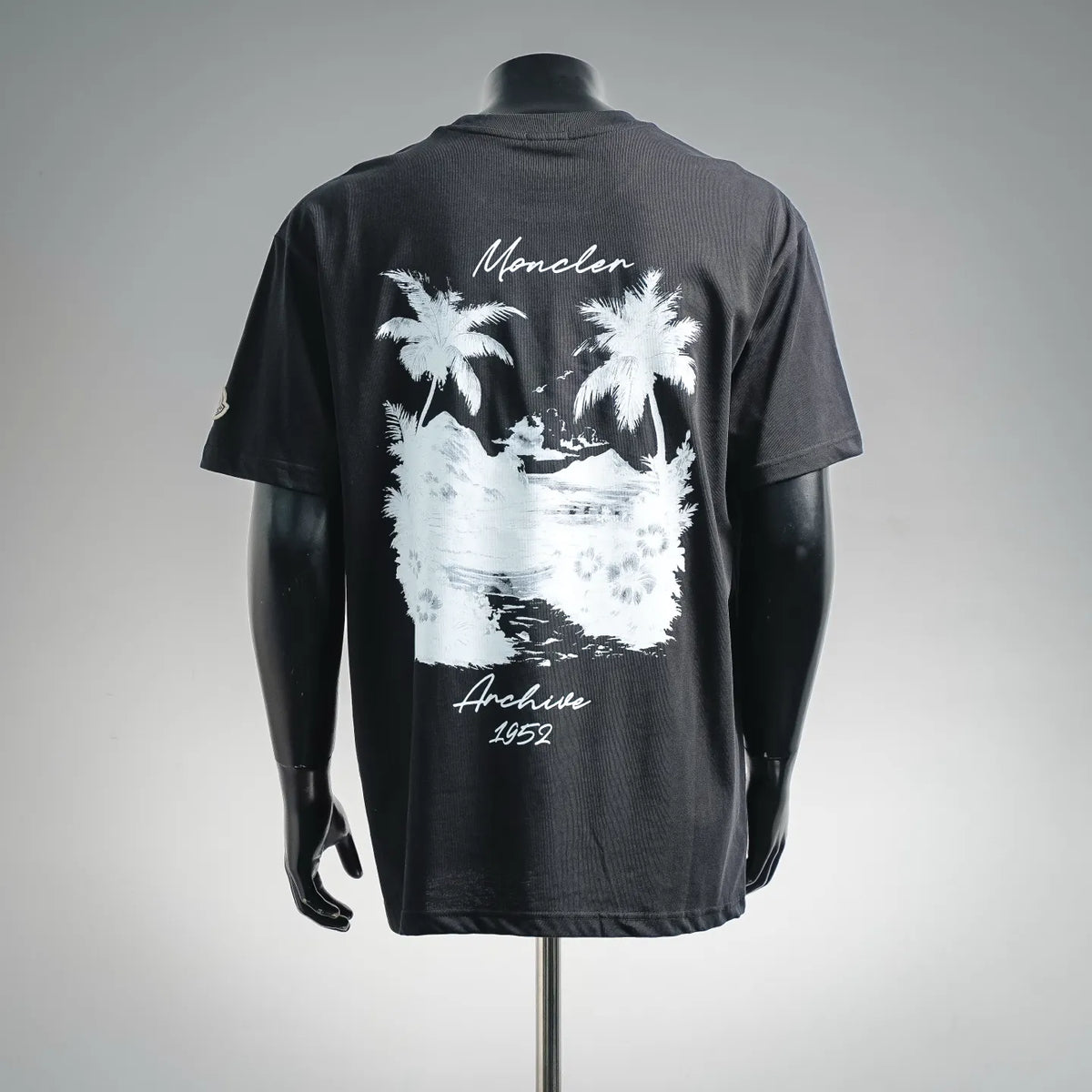 Moncler short-sleeve T-shirt, dark gray back with palm landscape print and text
