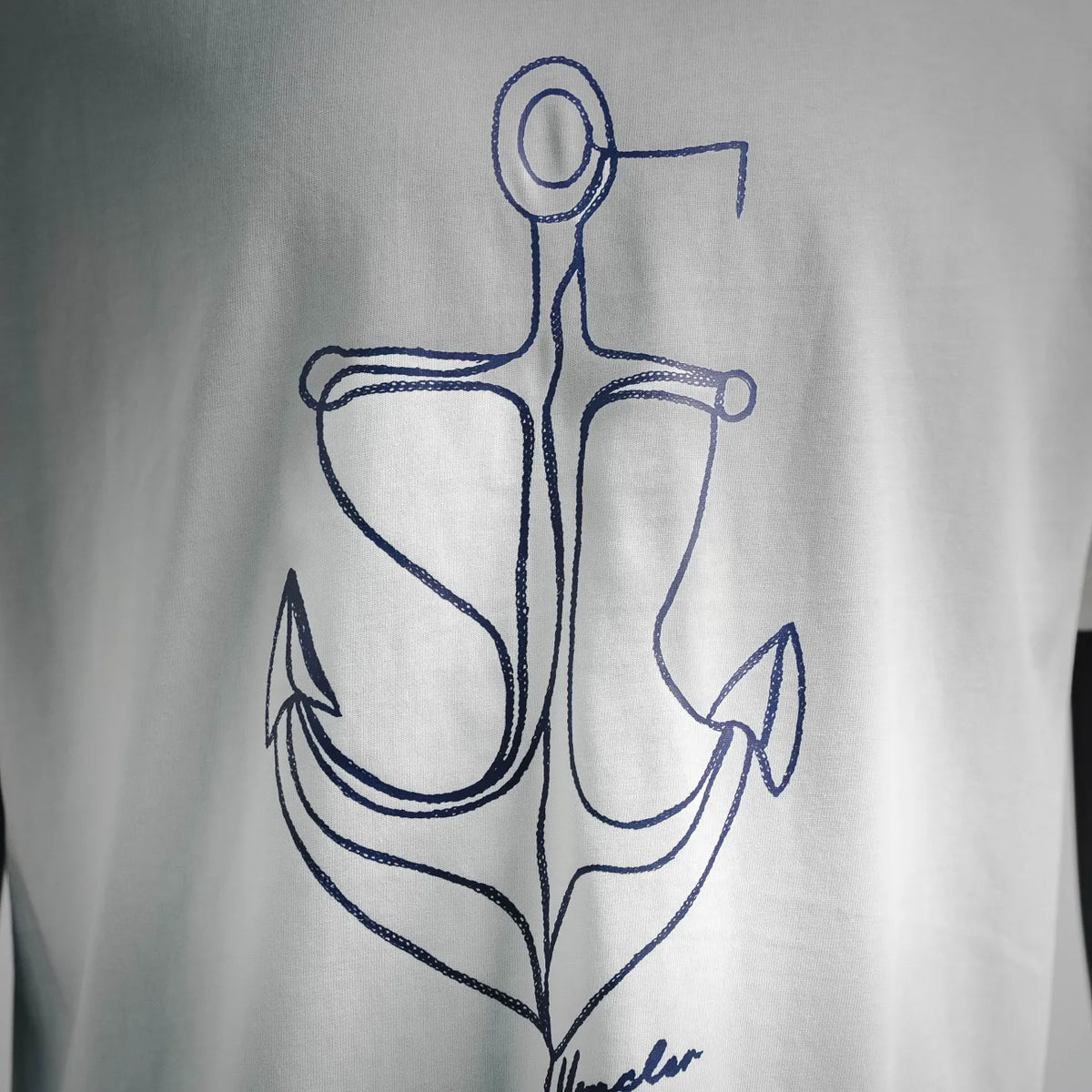White crewneck T-shirt front with large blue anchor illustration