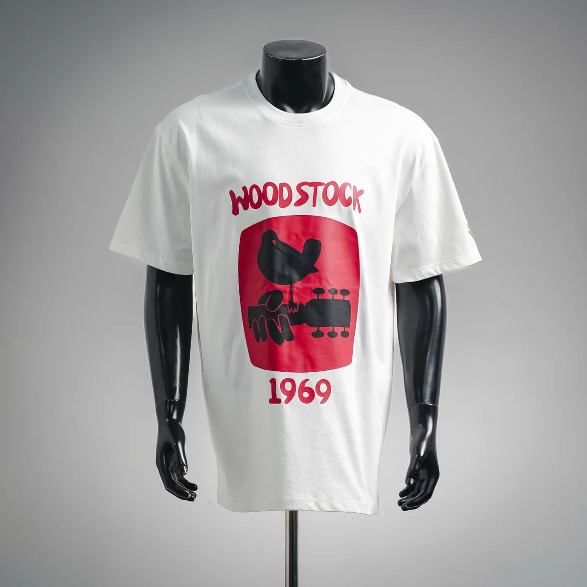 White short-sleeve T-shirt with red “HOODSTOCK” graphic and 1969 text