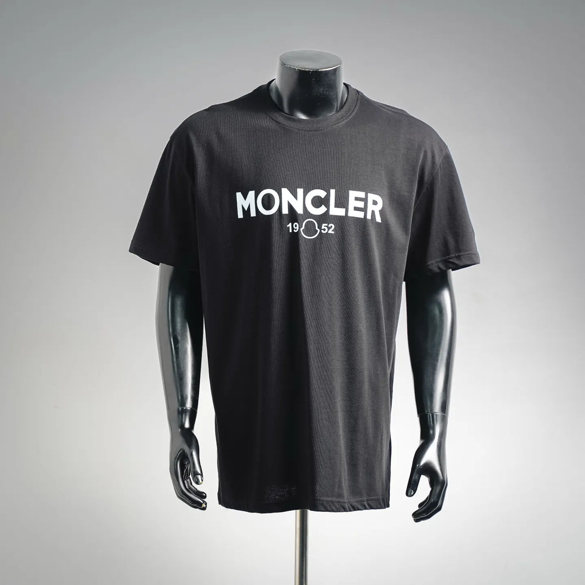 Moncler black crewneck T-shirt with large white front logo print