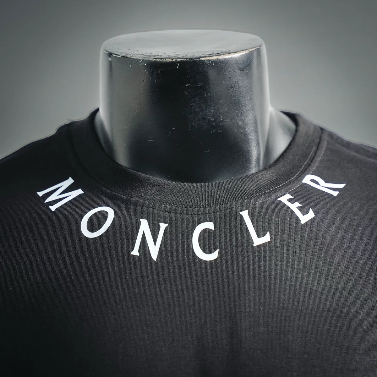 Men's Moncler short-sleeve t-shirt, black; MONCLER logo across crew neckline