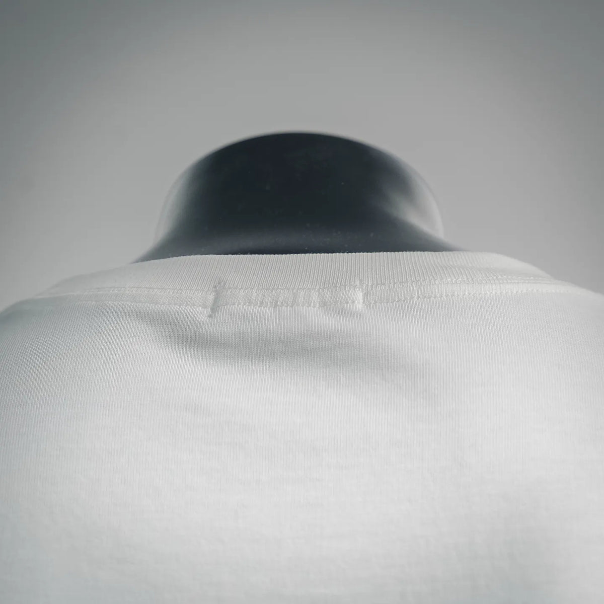White T-shirt back collar area with ribbed neckline and neat stitching.