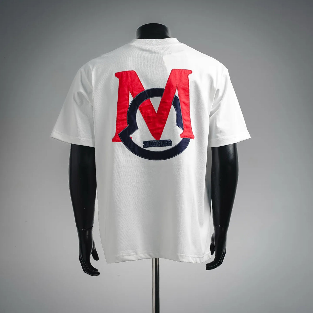 Moncler white short-sleeve T-shirt with large back graphic logo featuring red and navy