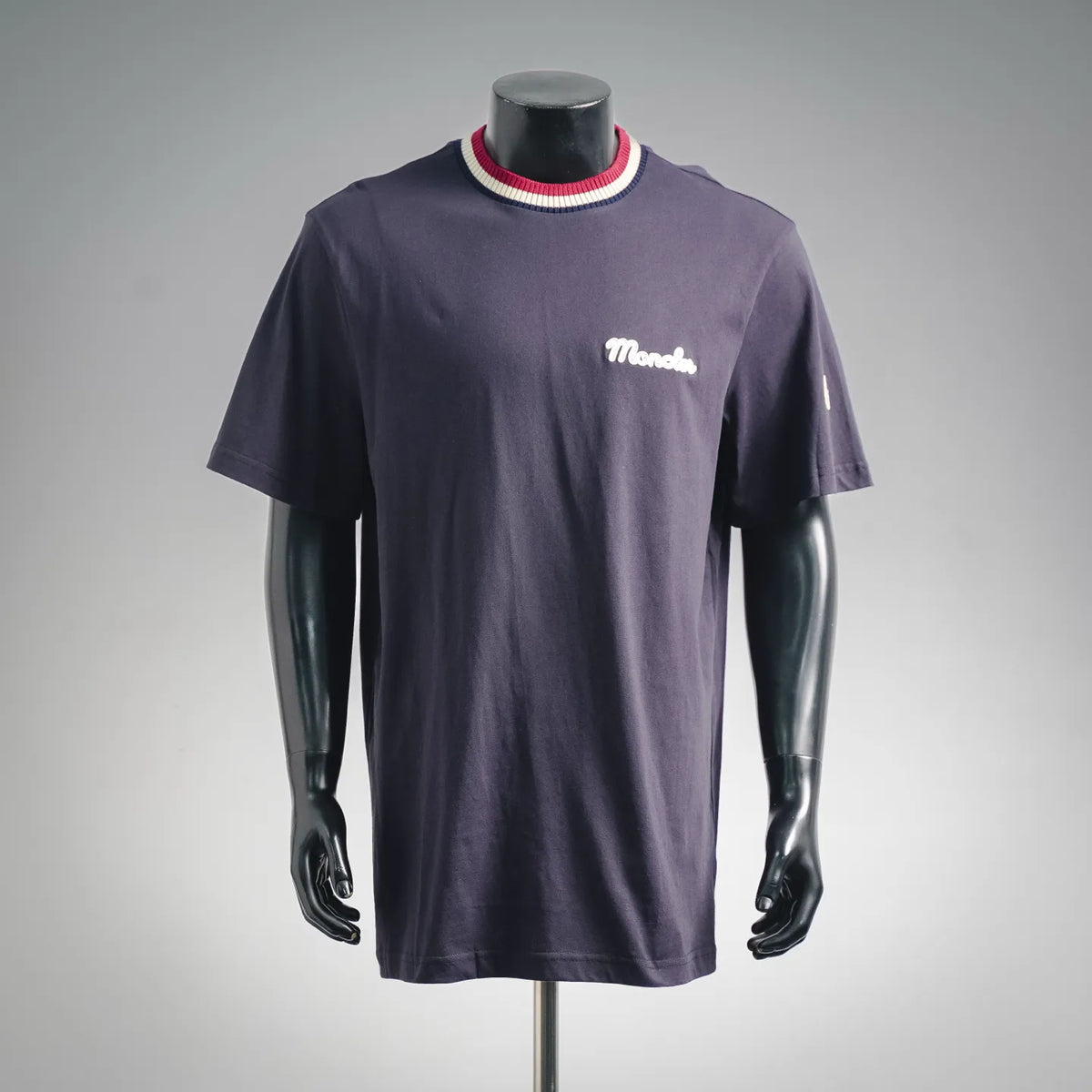 Moncler short-sleeve T-shirt in dark navy with ribbed red, white, and blue collar
