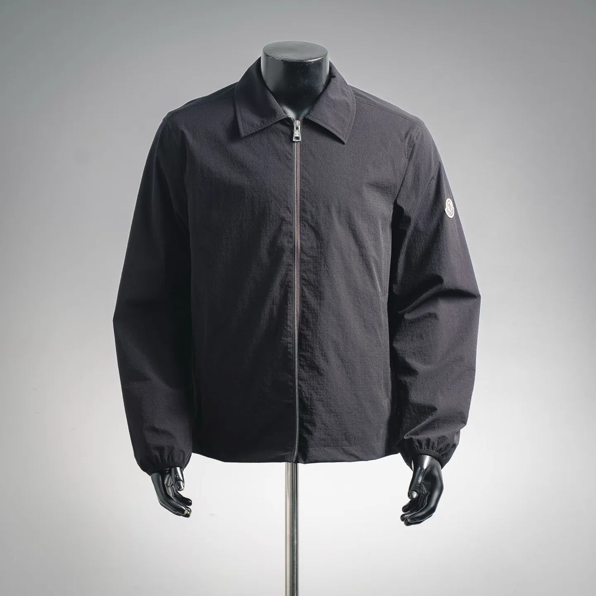 Men's Moncler zip-front coat with stand collar in dark gray