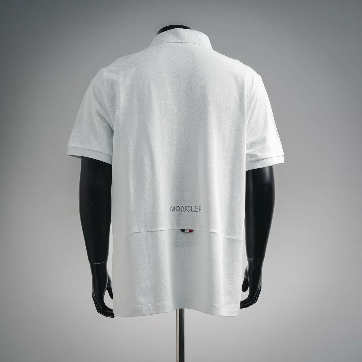 Moncler short-sleeve polo shirt, white, back view with embroidered logo
