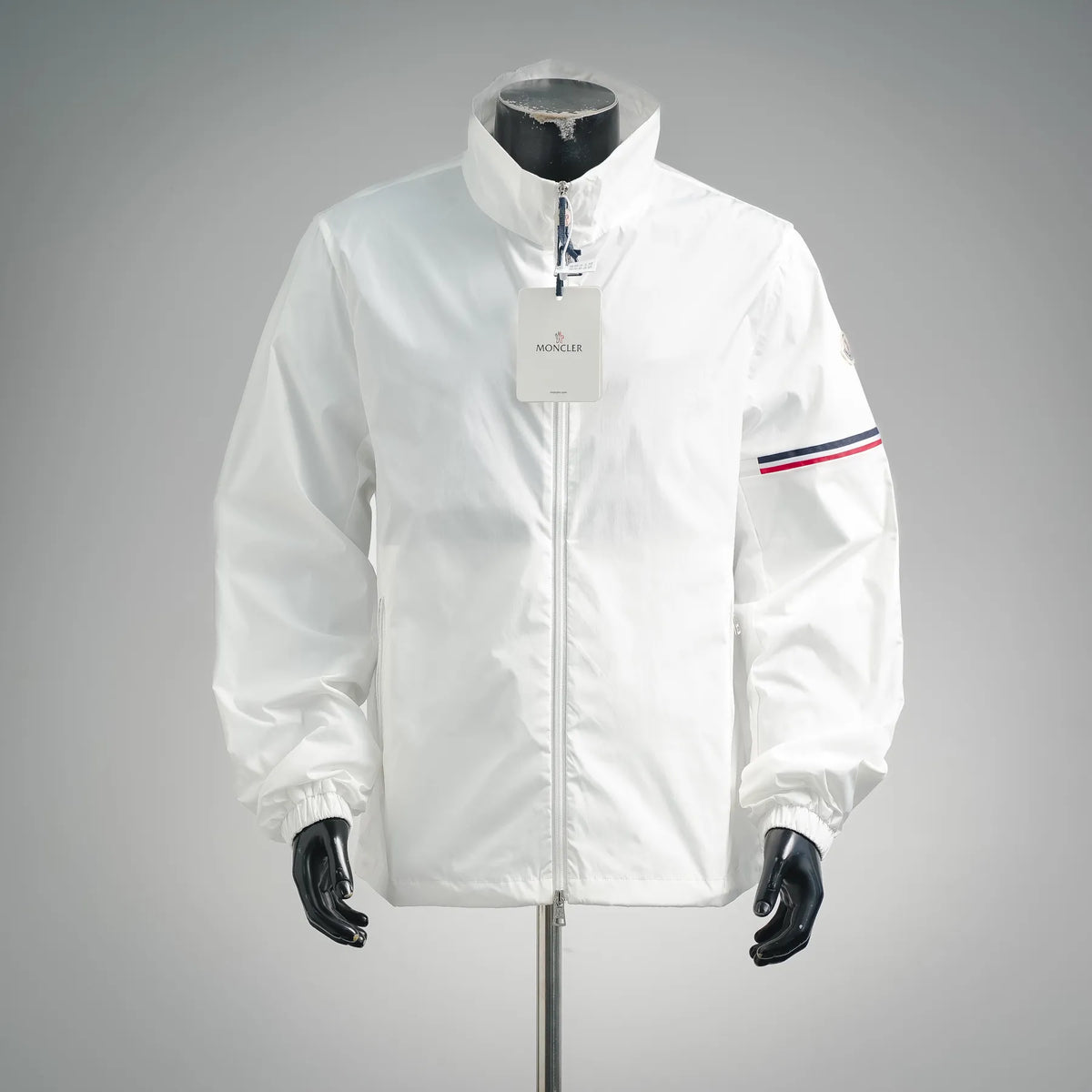 Moncler white hooded coat with front zipper and sleeve stripe detail