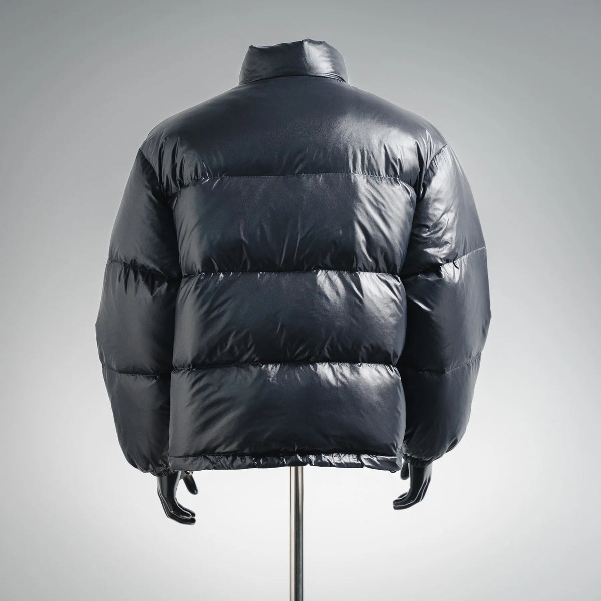 Moncler dark puffer coat, back view with full-zip and quilted panels