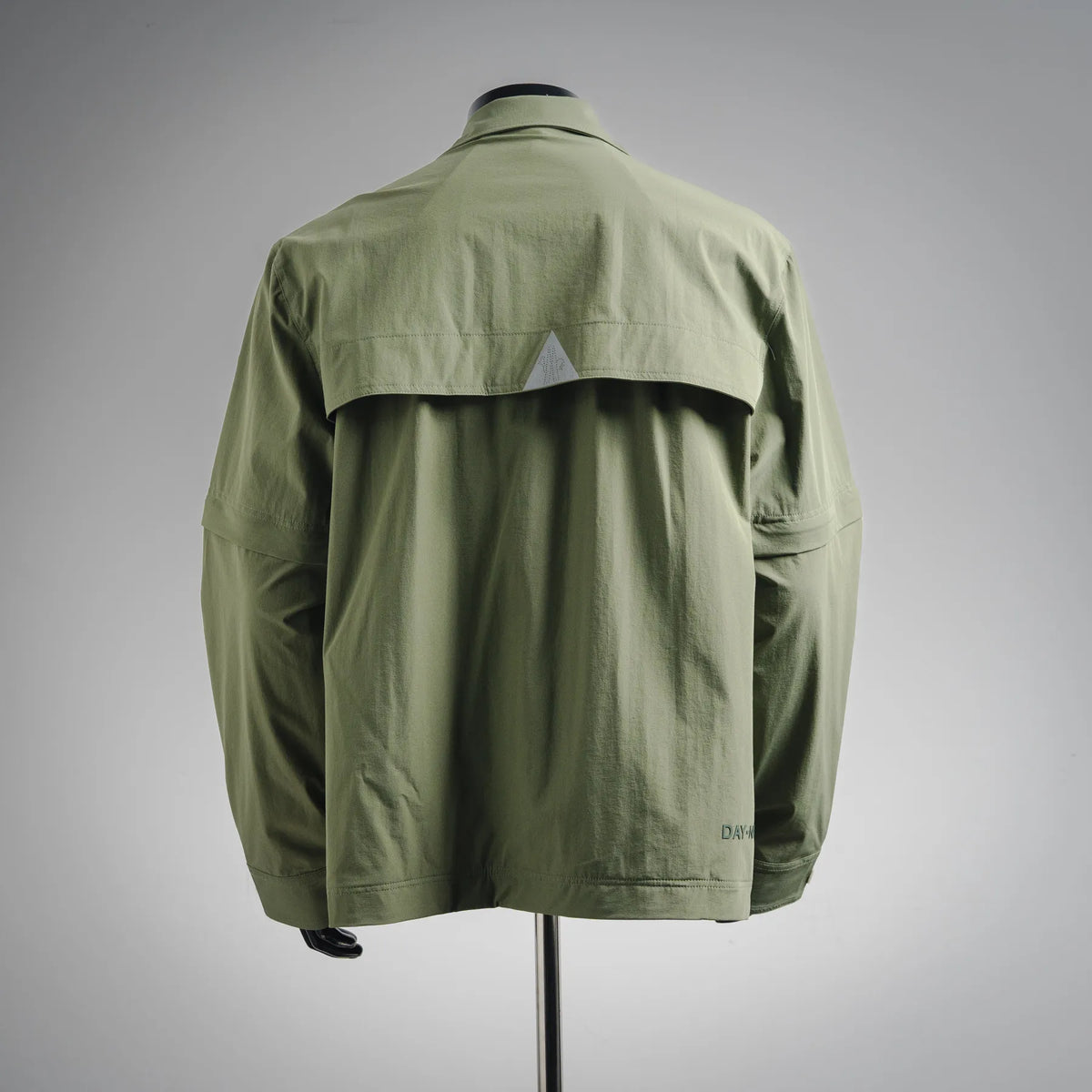 Olive long-sleeve jacket back view with yoke seam