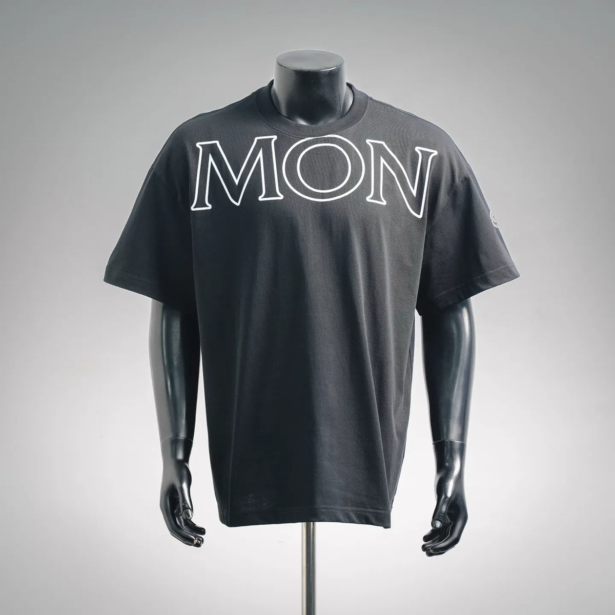 Black Moncler short-sleeve T-shirt with large MONCLER logo print on chest