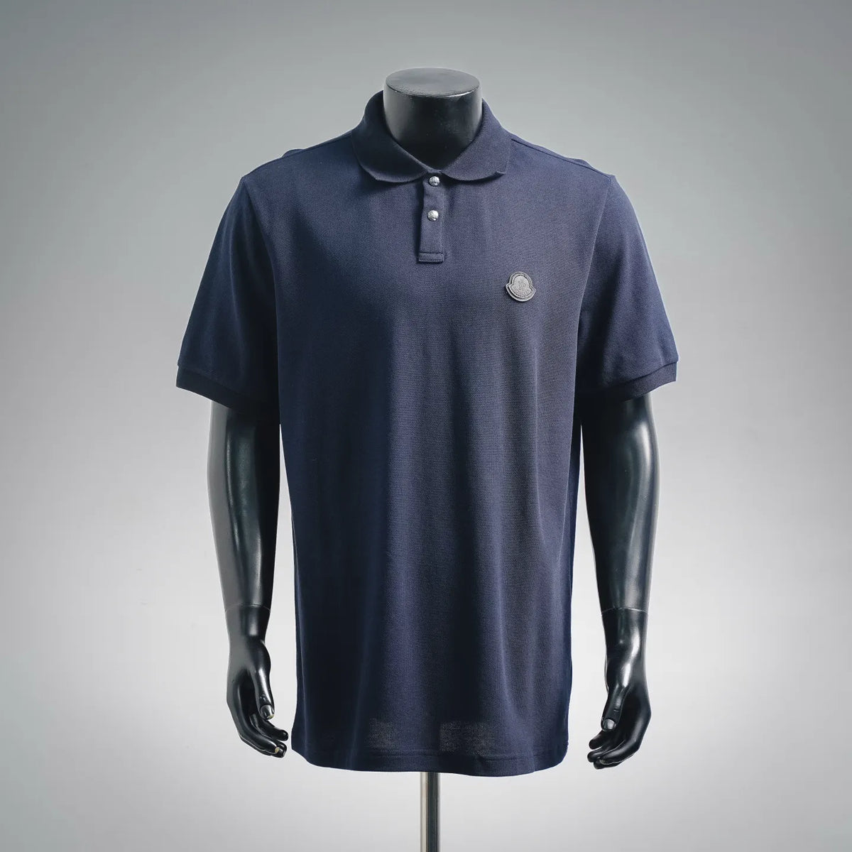 Moncler short-sleeve polo shirt, navy blue, button placket and chest logo patch