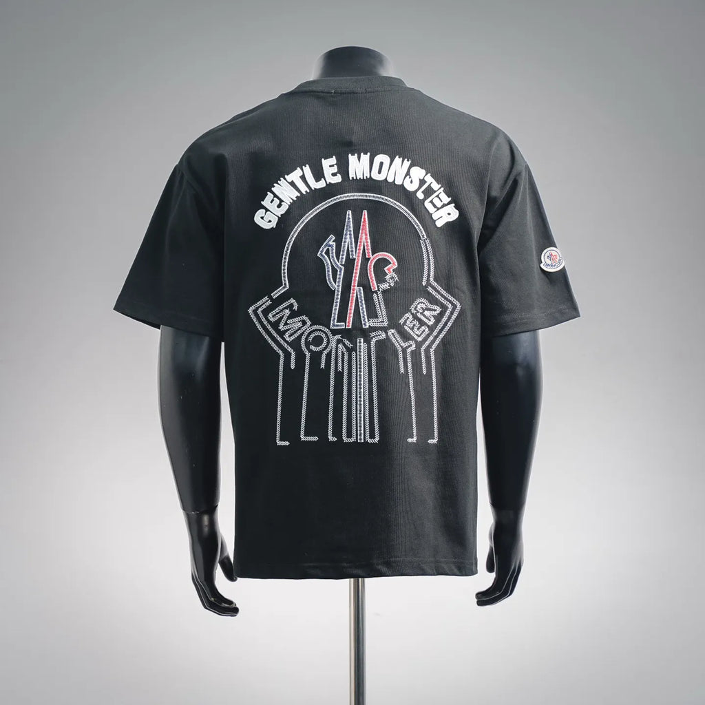Moncler black crewneck T-shirt with large back crest and graphic print
