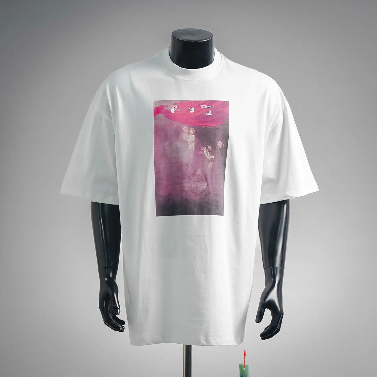 Off White white crewneck short-sleeve T-shirt with large pink graphic front print