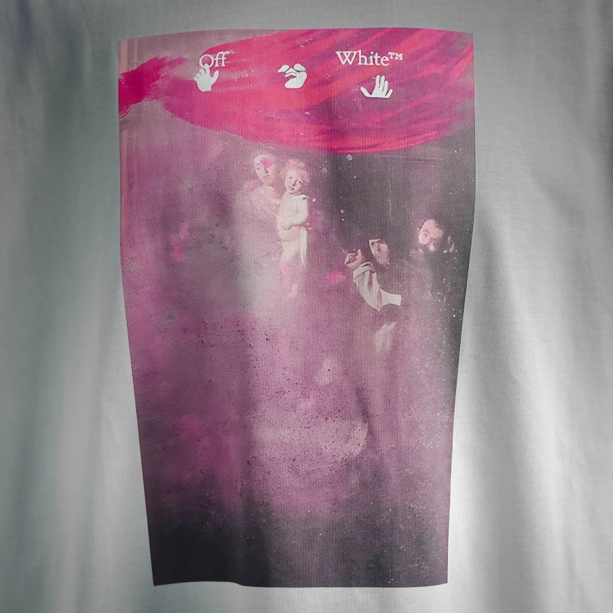 Off White white T-shirt with pink gradient poster graphic front