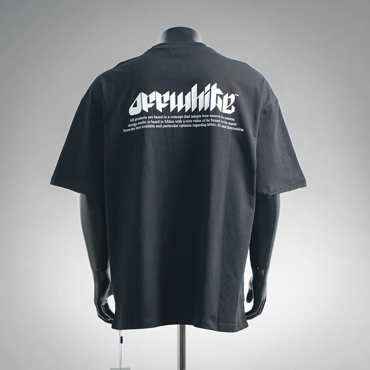 Black short-sleeve T-shirt back with large white Off-White graphic text