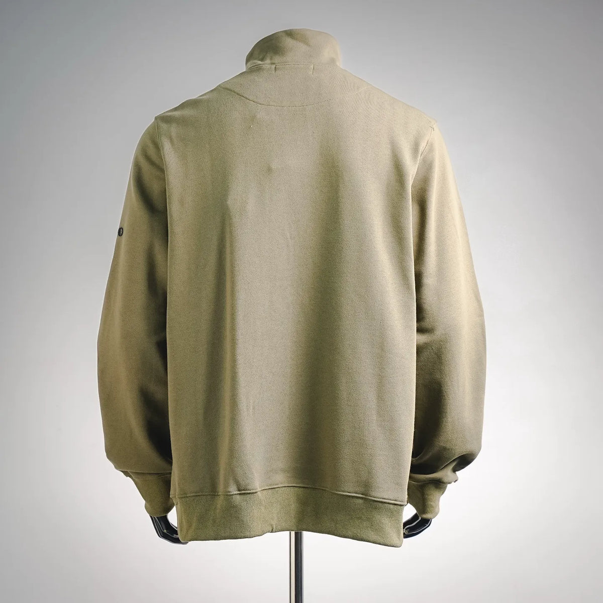 Olive half-zip pullover sweatshirt, back view with high collar