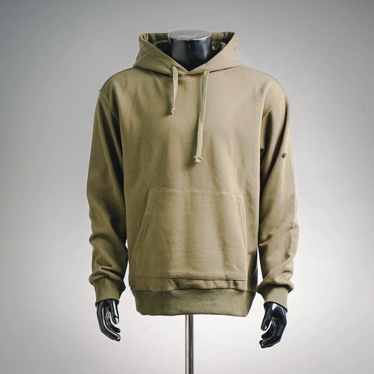 Olive hooded long-sleeve hoodie with kangaroo pocket and drawstring