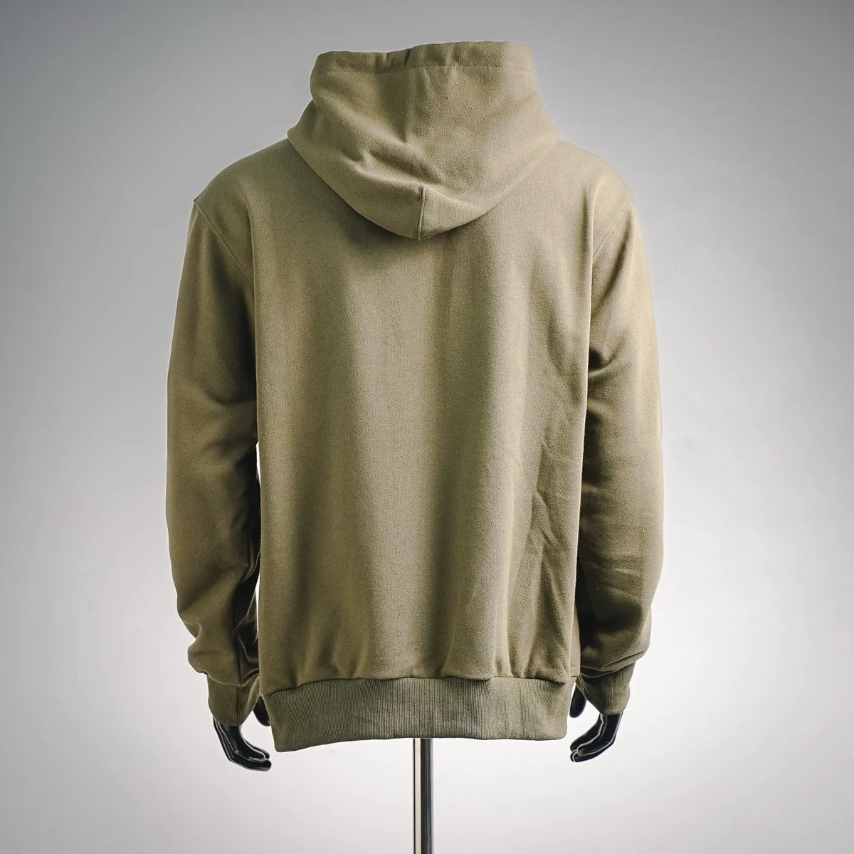 Olive long-sleeve hoodie with hood, shown from the back