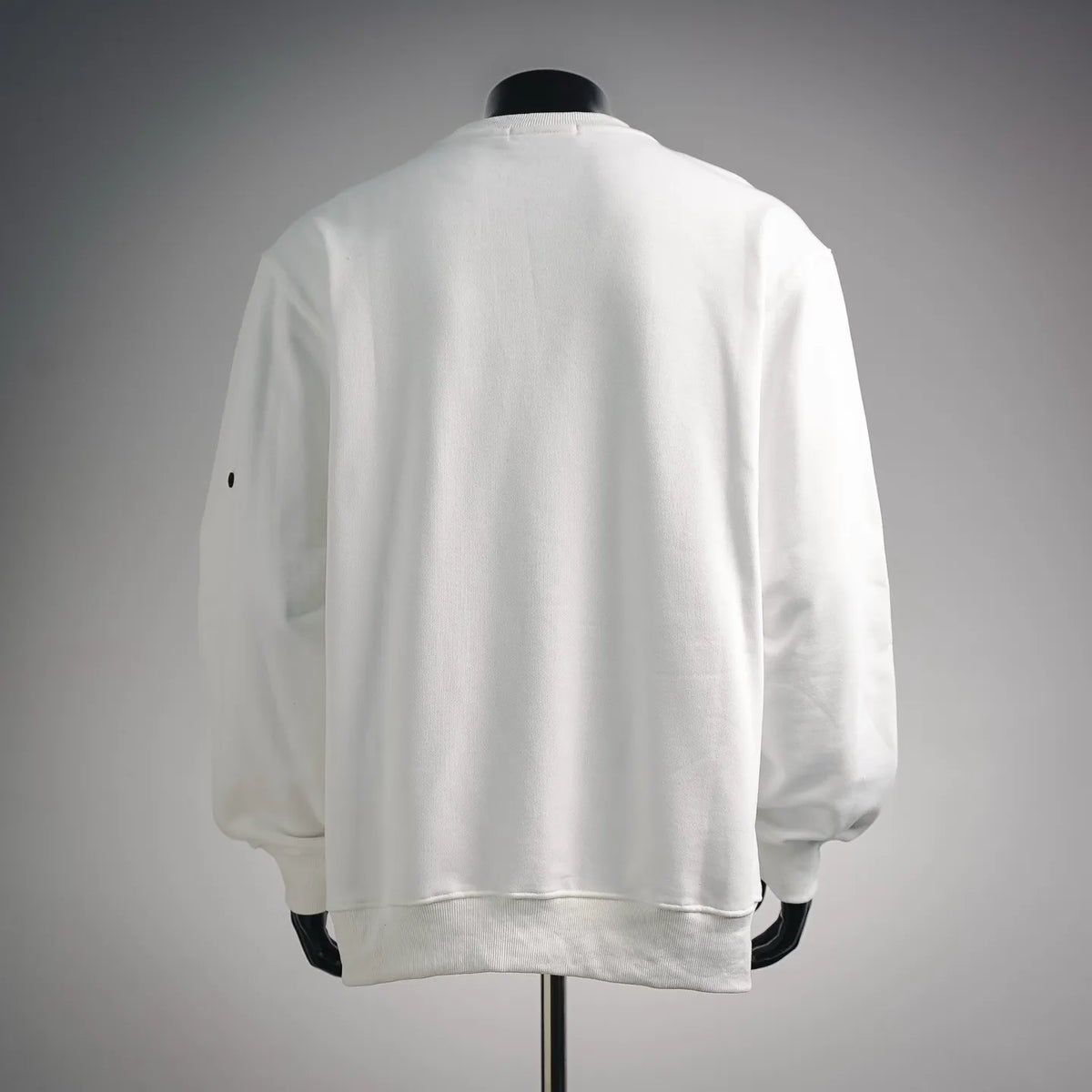 White Stone Island crewneck sweatshirt, back view with ribbed hem and cuffs
