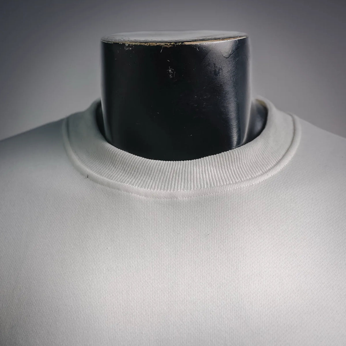 White Stone Island sweatshirt ribbed crew neckline close-up