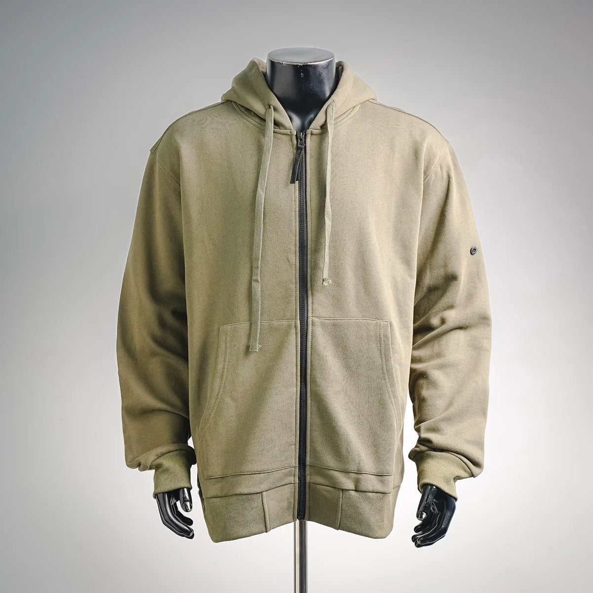 Olive zip-up hooded coat with drawstring, two front pockets, and ribbed cuffs