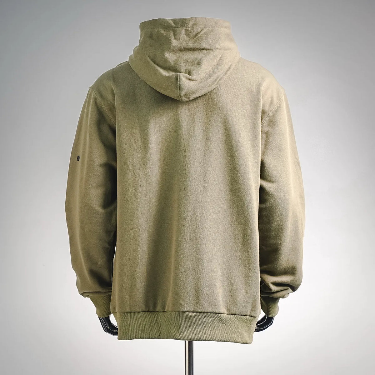 Olive zip-up hooded coat, back view with ribbed hem and cuffs