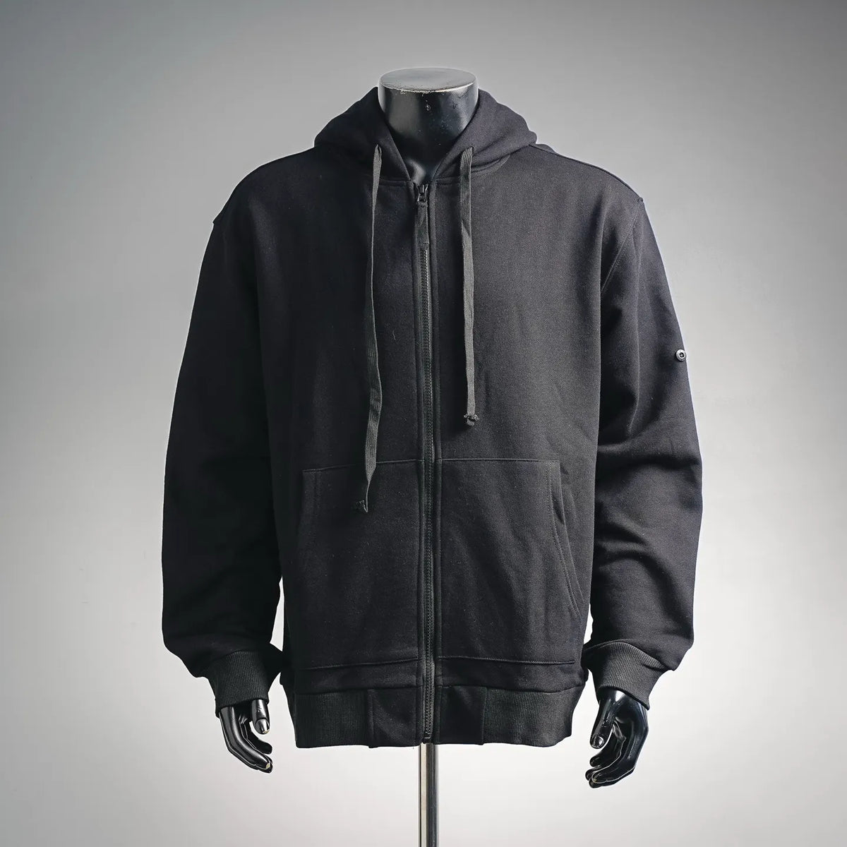 Black zip-up hoodie with hood and kangaroo pocket