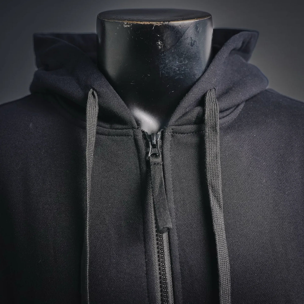 Black hoodie with full zip and drawstring hood