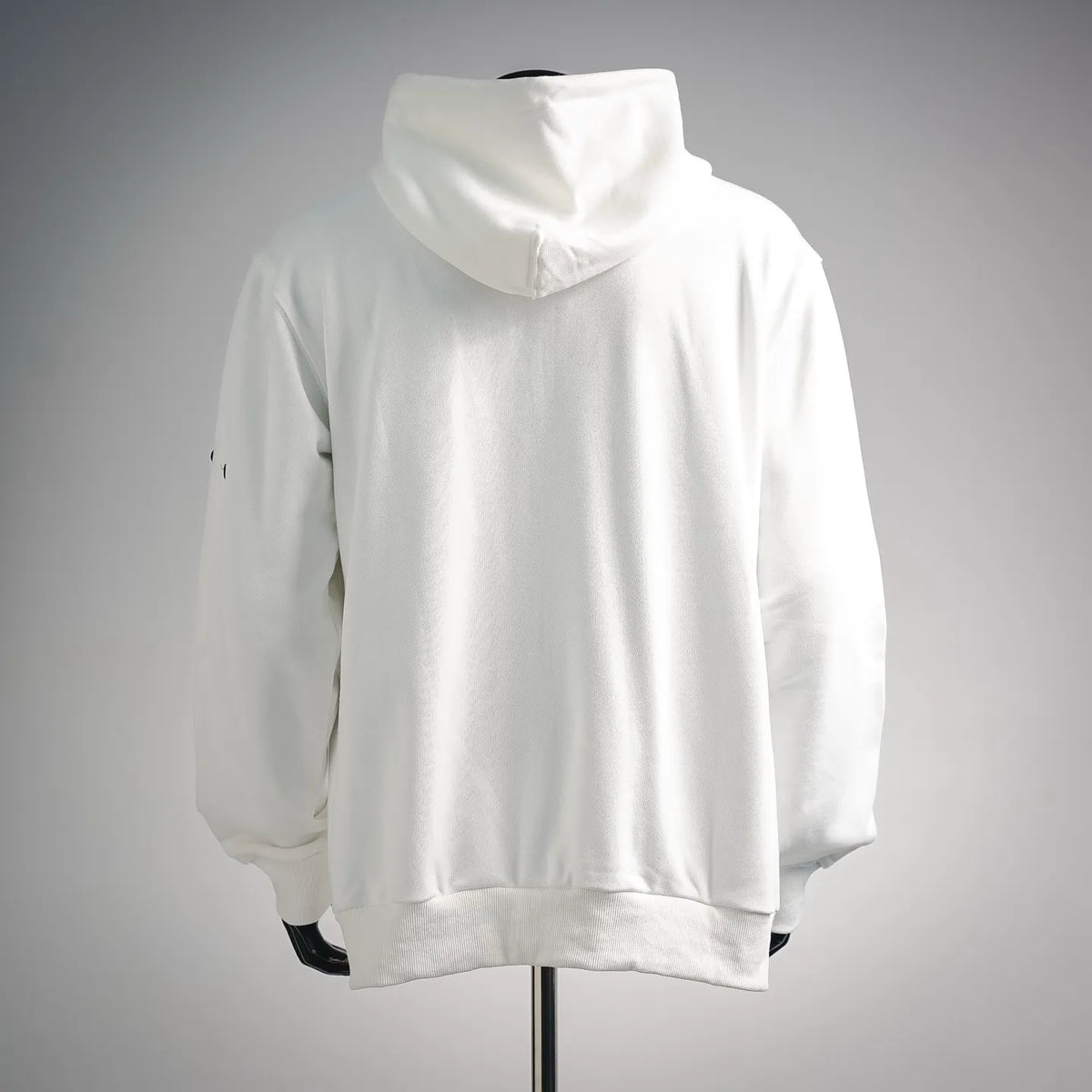 Stone Island zip-up hoodie coat, white, back view with hood and ribbed hem