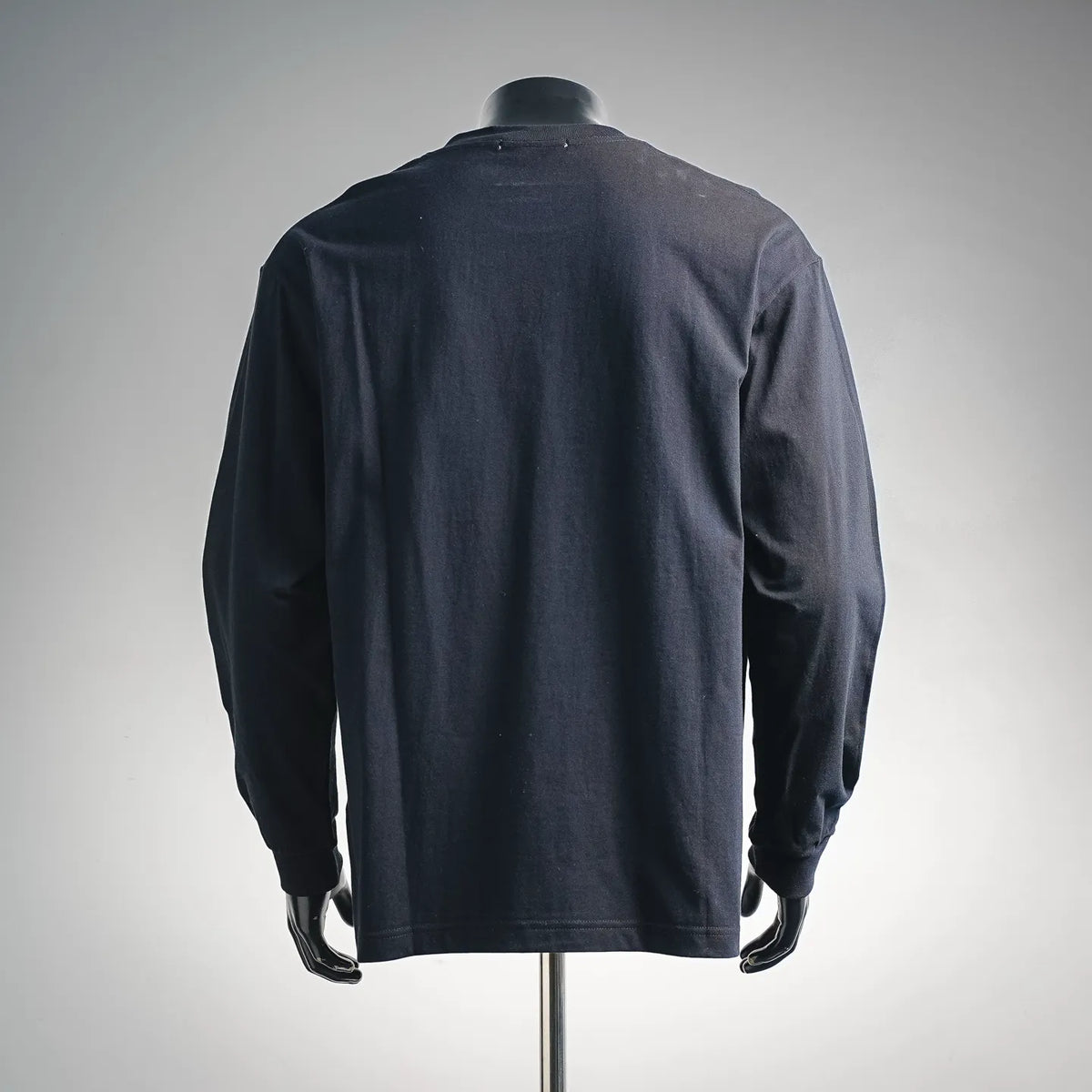 Navy long-sleeve crewneck sweatshirt, back view on a mannequin
