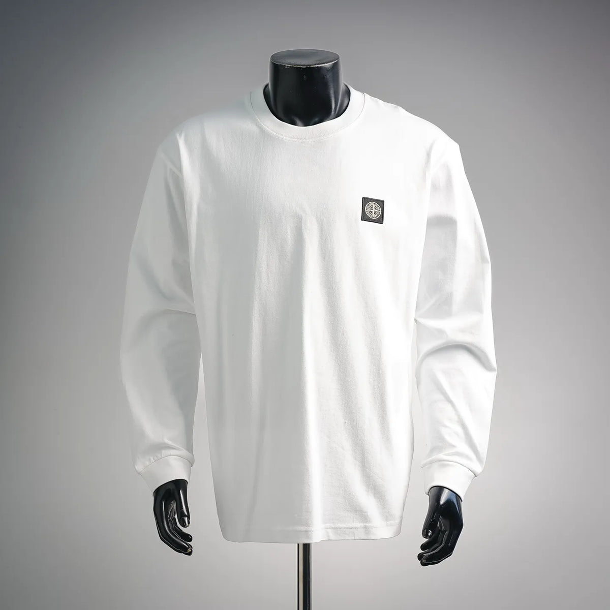 Stone Island long-sleeve T-shirt, white crewneck with small chest logo patch