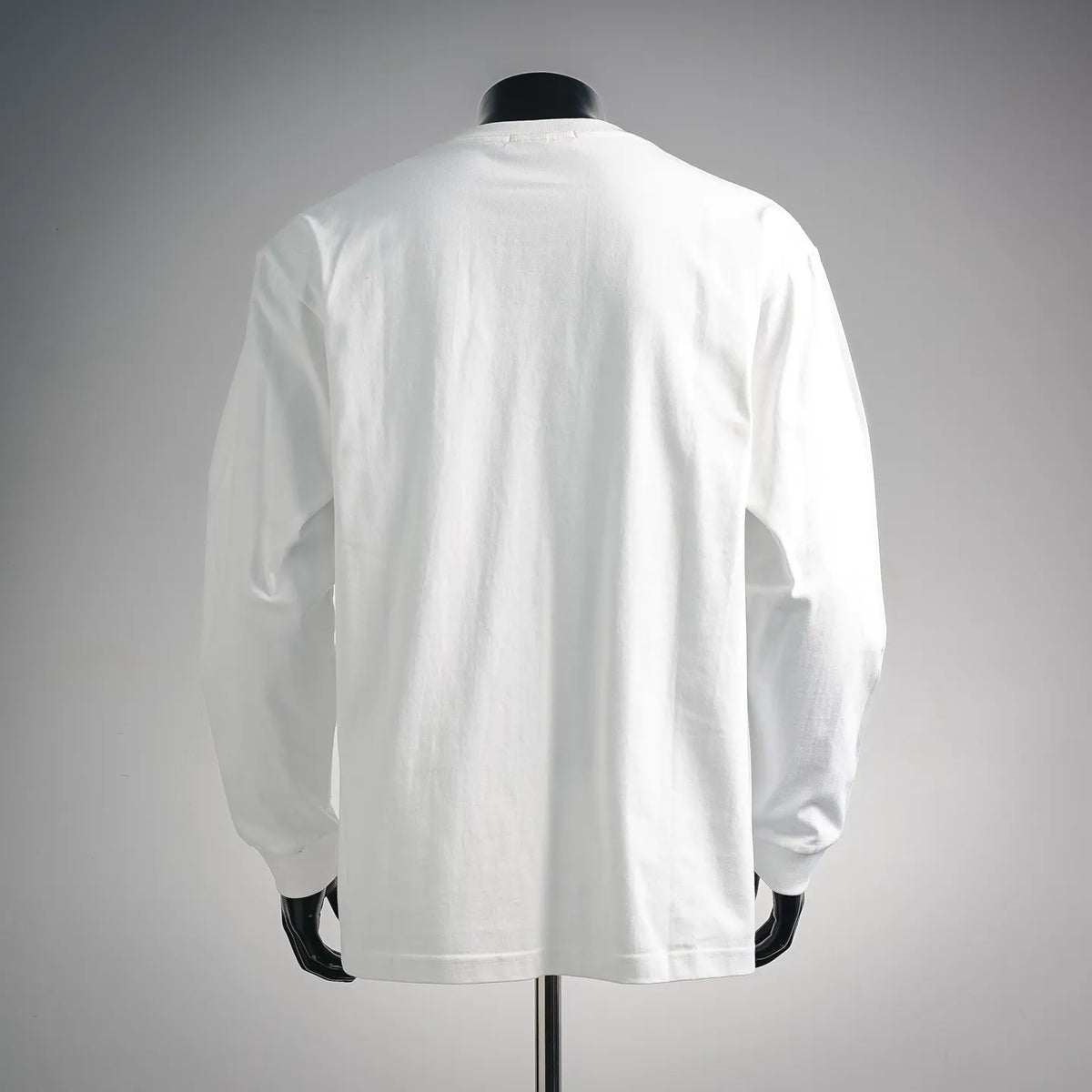 White long-sleeve T-shirt back view, crewneck with relaxed fit