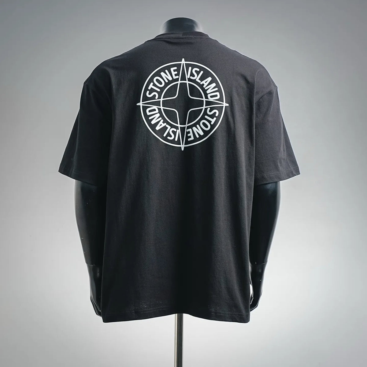 Black Stone Island short-sleeve T-shirt with large back compass logo.