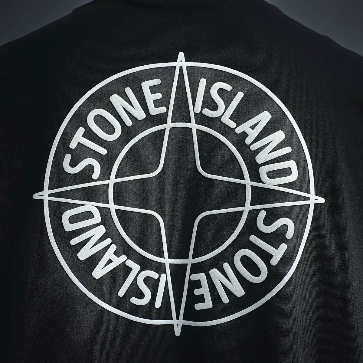 Stone Island compass logo print on black short-sleeve T-shirt.