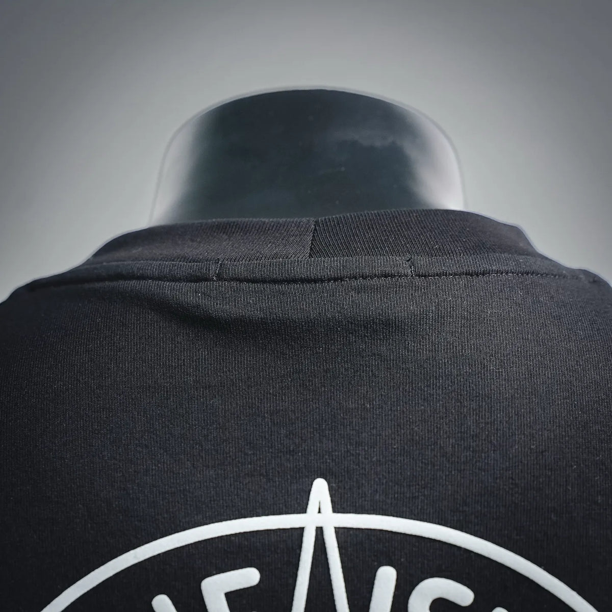 Black short-sleeve T-shirt with ribbed crew neck and partial back logo.