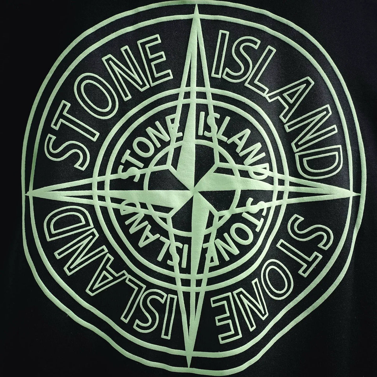 Stone Island circular emblem graphic in neon green on black T-shirt
