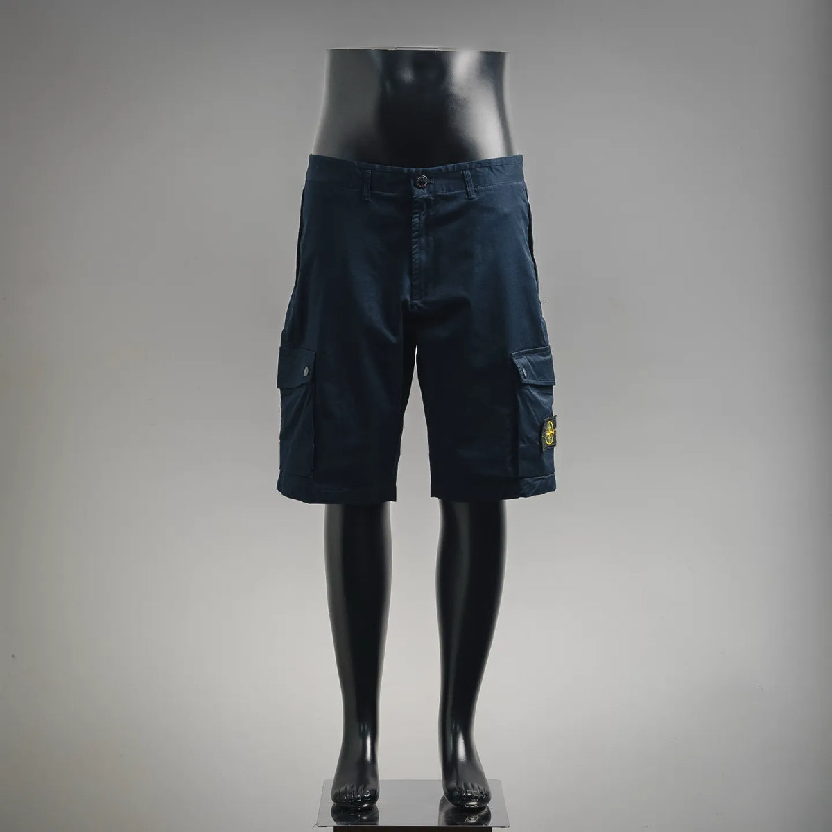 Stone Island dark navy utility shorts with cargo pockets, button fly