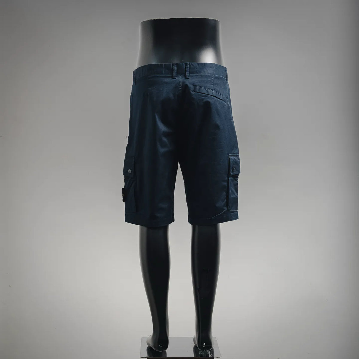 Stone Island dark navy utility shorts, back view with cargo pocket flap