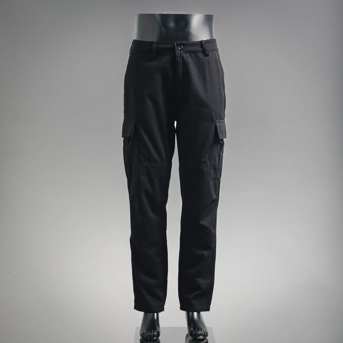 Stone Island black cargo pants with side utility pockets and cuffed hem