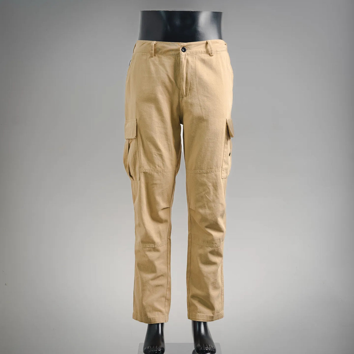 Tan cargo pants with button waist and side cargo pockets